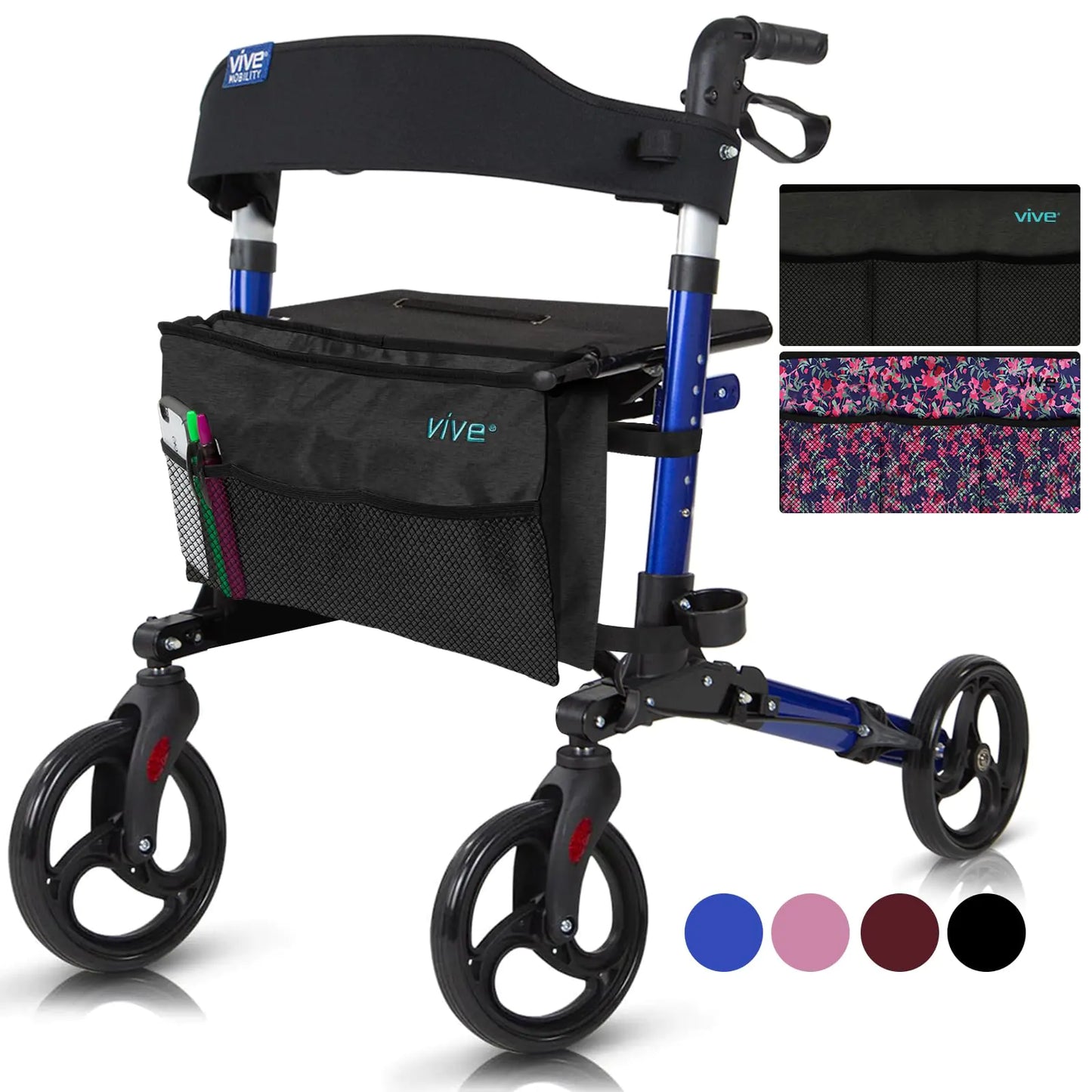 Vive Mobility Rollator Walker with Seat - Folding 4 Wheel Medical Rolling Walker with Bag - Mobility Aid for Adult Senior Elderly & Handicap - Aluminum Transport Chair