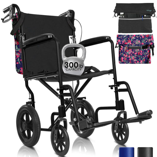 Vive Mobility Folding Transport Wheelchair - Steel Chair with Hand Brake - Lightweight Foldable Travel Manual Mobility Aid - Ultralight Comfortable 19 Inch Wide Portable Handicap Seat