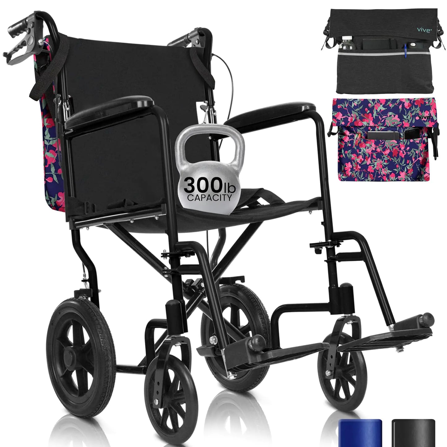 Vive Mobility Folding Transport Wheelchair - Steel Chair with Hand Brake - Lightweight Foldable Travel Manual Mobility Aid - Ultralight Comfortable 19 Inch Wide Portable Handicap Seat